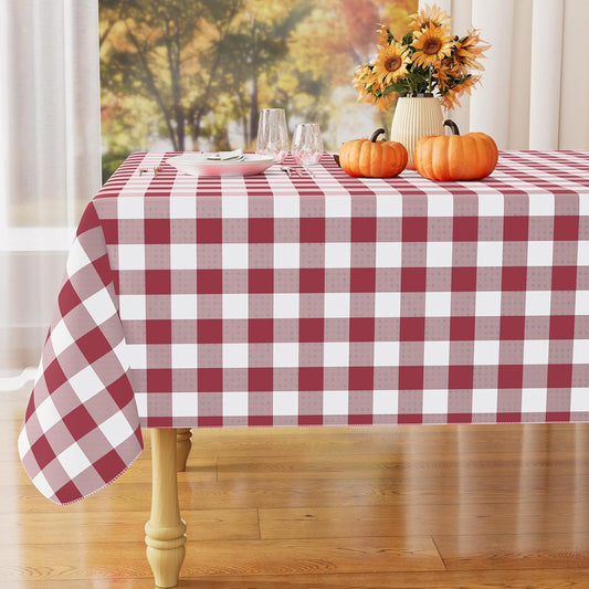 Rectangle Waterproof Vinyl Table Cloth, Buffalo Flannel Backed Tablecloth, Wipeable Plastic Table Cover for Dinner, Kitchen, Outdoor (60" X 84", Burgundy and White)