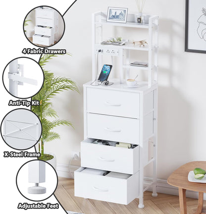 Tall LED Nightstand with Charging Station, USB Ports, 4 PVC Fabric Drawers, and 4-Tier Storage Shelf - Versatile Bedside Table for Bedroom, Dorm, or Office (White)