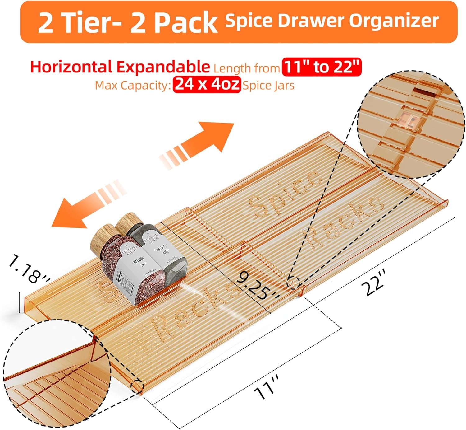 Spice Drawer Organizer, 2 Tier- 2 Pack Amber Acrylic Drawer Seasoning Organizer, Expandable from 11'' to 22'' Kitchen Spice Rack Organizers and Storage for Drawer (Jars Not Included)