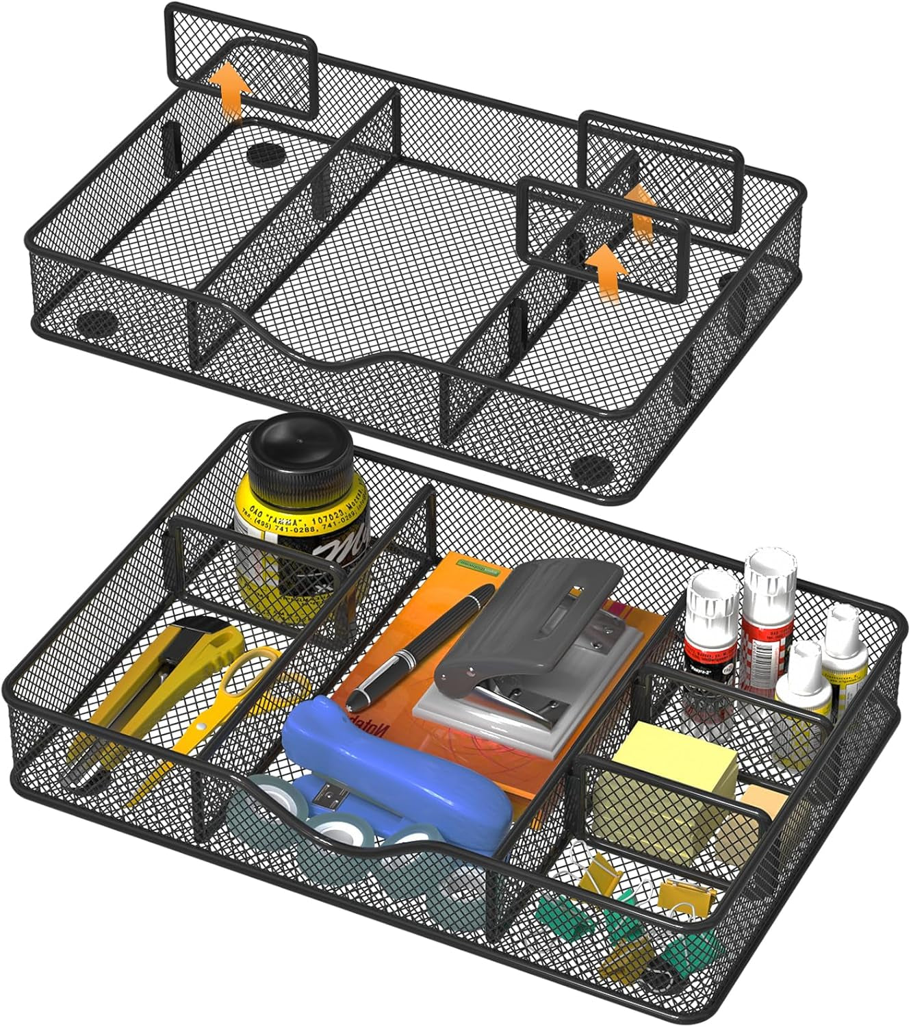 Desk Drawer Organizer Tray, Metal Mesh Drawer Organizer for Office & Home, 6 Adjustable Compartments, Black, 2 Pack - 12.87X8.73X1.96 Inch