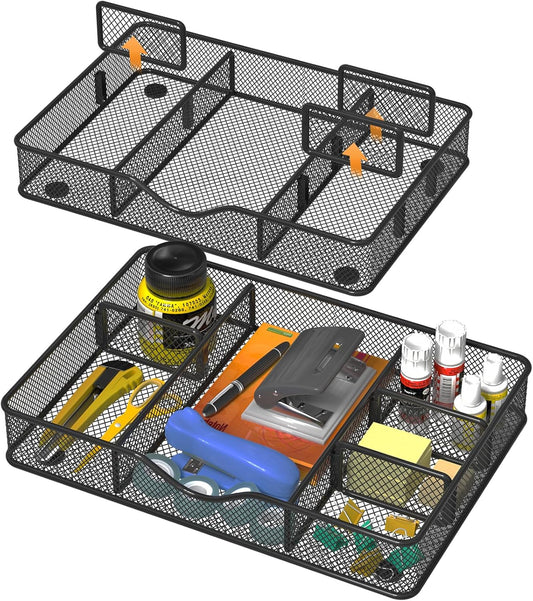 Desk Drawer Organizer Tray, Metal Mesh Drawer Organizer for Office & Home, 6 Adjustable Compartments, Black, 2 Pack - 12.87X8.73X1.96 Inch