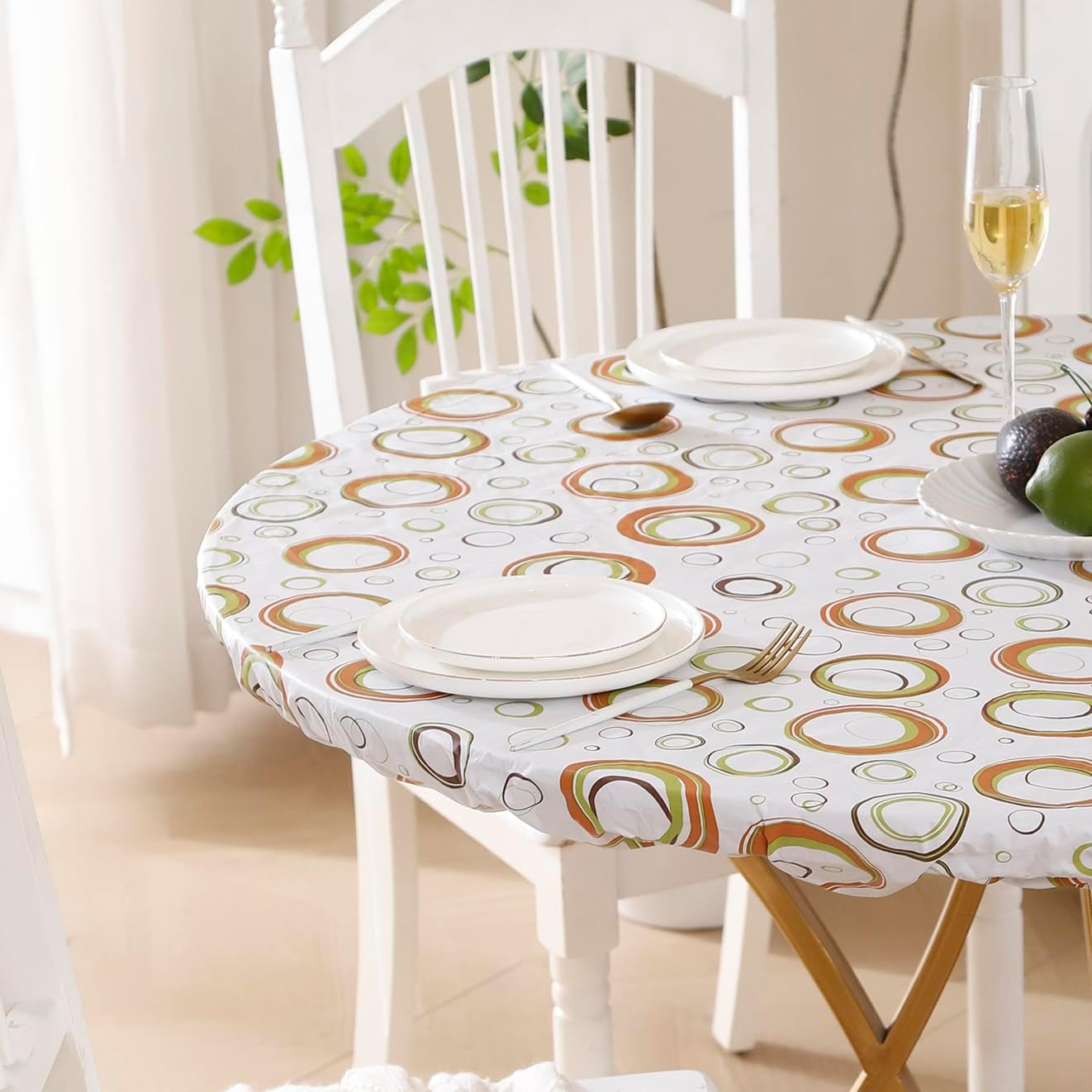 Round Vinyl Fitted Tablecloth with Flannel Backing Elastic Edge Design Table Cover Waterproof Oil-Proof PVC Table Cloth Stain-Resistant Best for 32"-36" Round