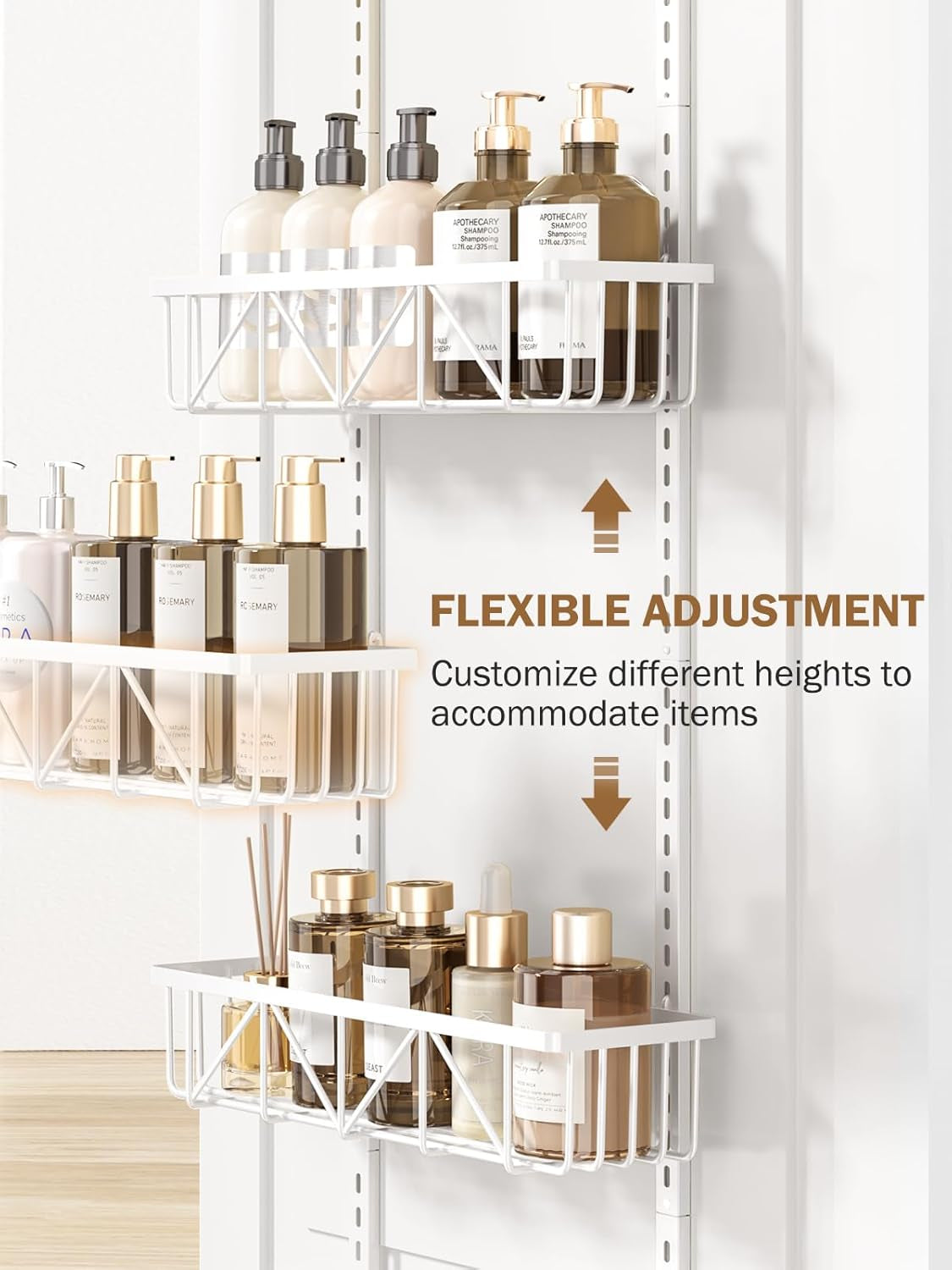 Adjustable over the Door Pantry Organizer, 9-Tier Metal Pantry Organization and Storage for Kitchen, Hanging Spice Rack Seasoning Shelves, Cabinet Door Organizer for Easy Install, 16" White