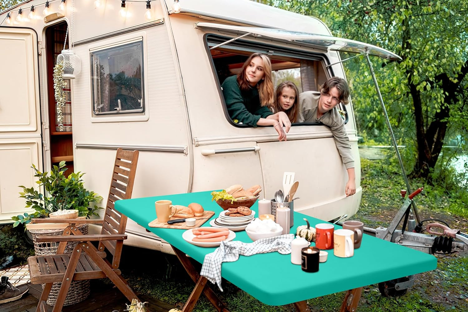 2 Pack 6 Foot Rectangle Elastic Fitted Tablecloth, Waterproof Fabric Table Cover, Washable Polyester Table Cloth for Picnic, Camping, Outdoor (Teal, 30" X 72")