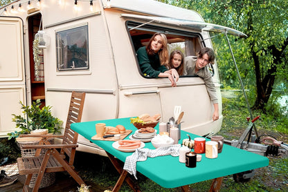 2 Pack 6 Foot Rectangle Elastic Fitted Tablecloth, Waterproof Fabric Table Cover, Washable Polyester Table Cloth for Picnic, Camping, Outdoor (Teal, 30" X 72")