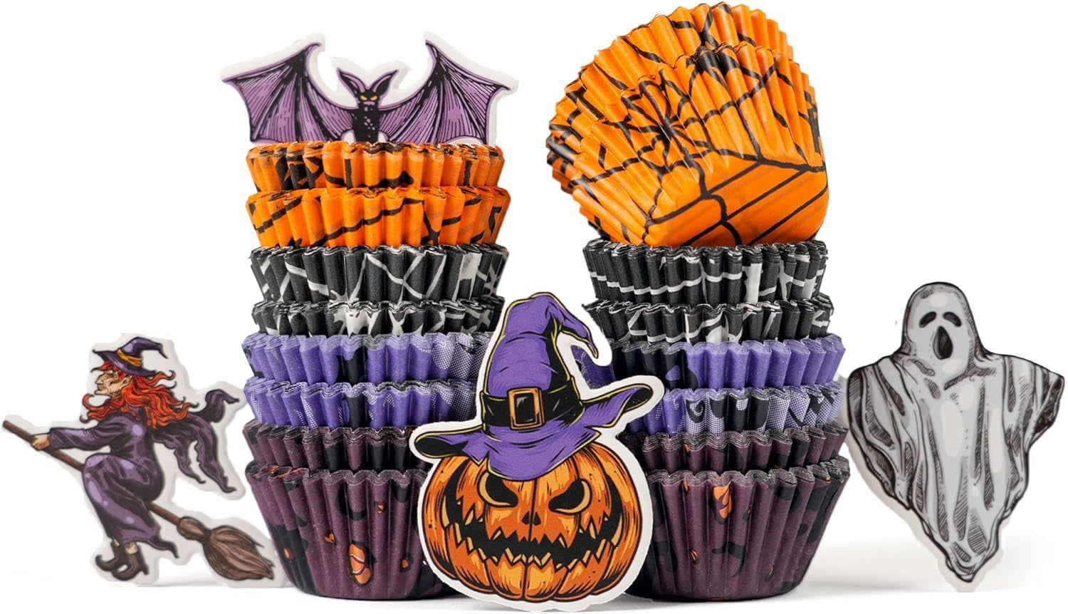 400 Pcs Halloween Mini Cupcake Liners with 12 Pcs Cupcake Toppers, Mini Cupcake Liners for Baking, Halloween Cupcake Decorations