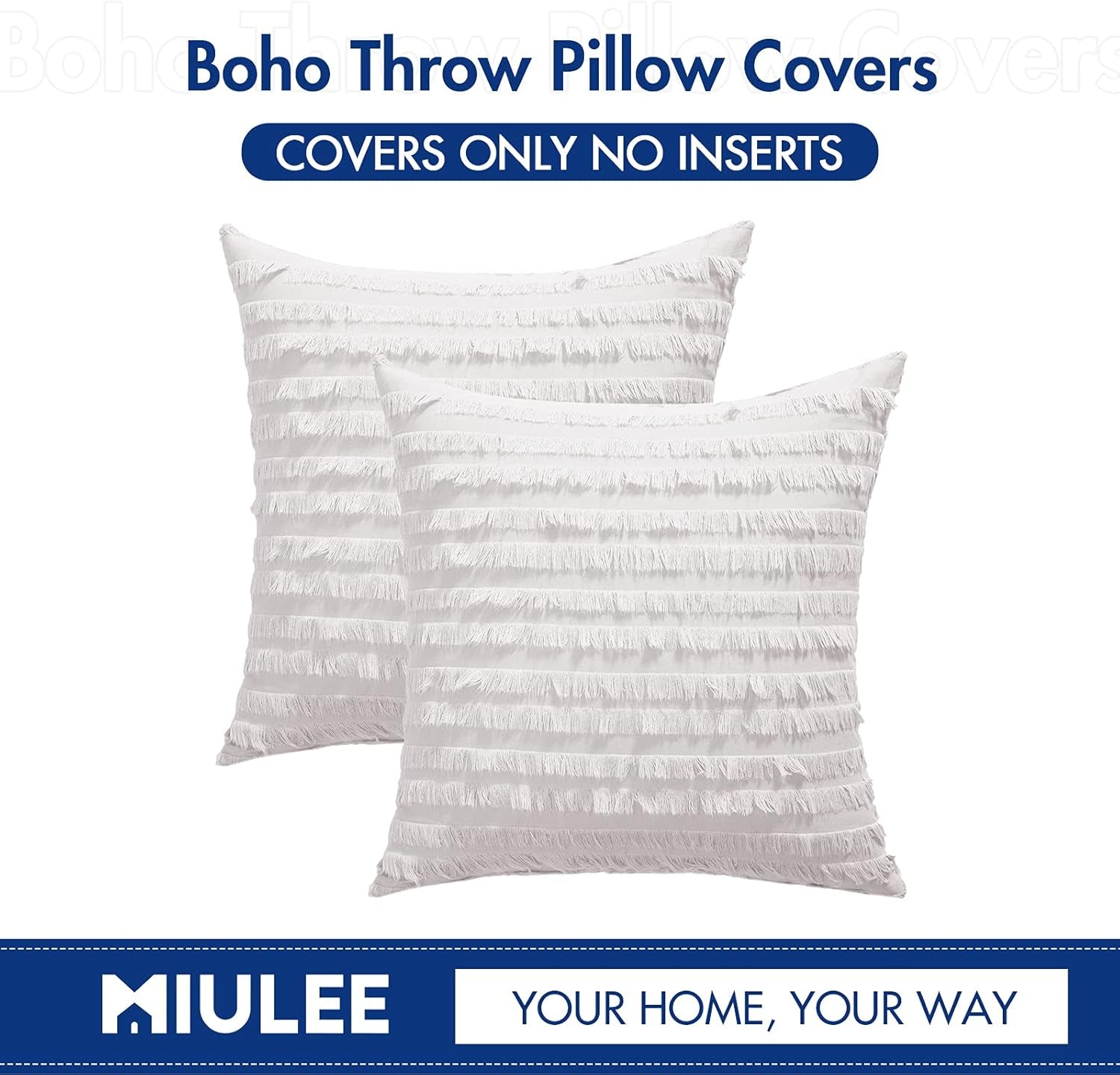 Set of 2 Decorative Boho Throw Pillow Covers Linen Striped Jacquard Pattern Cushion Covers for Decor Sofa Couch Living Room Bedroom 16X16 Inch Greyish White