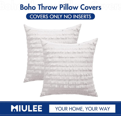 Set of 2 Decorative Boho Throw Pillow Covers Linen Striped Jacquard Pattern Cushion Covers for Decor Sofa Couch Living Room Bedroom 16X16 Inch Greyish White