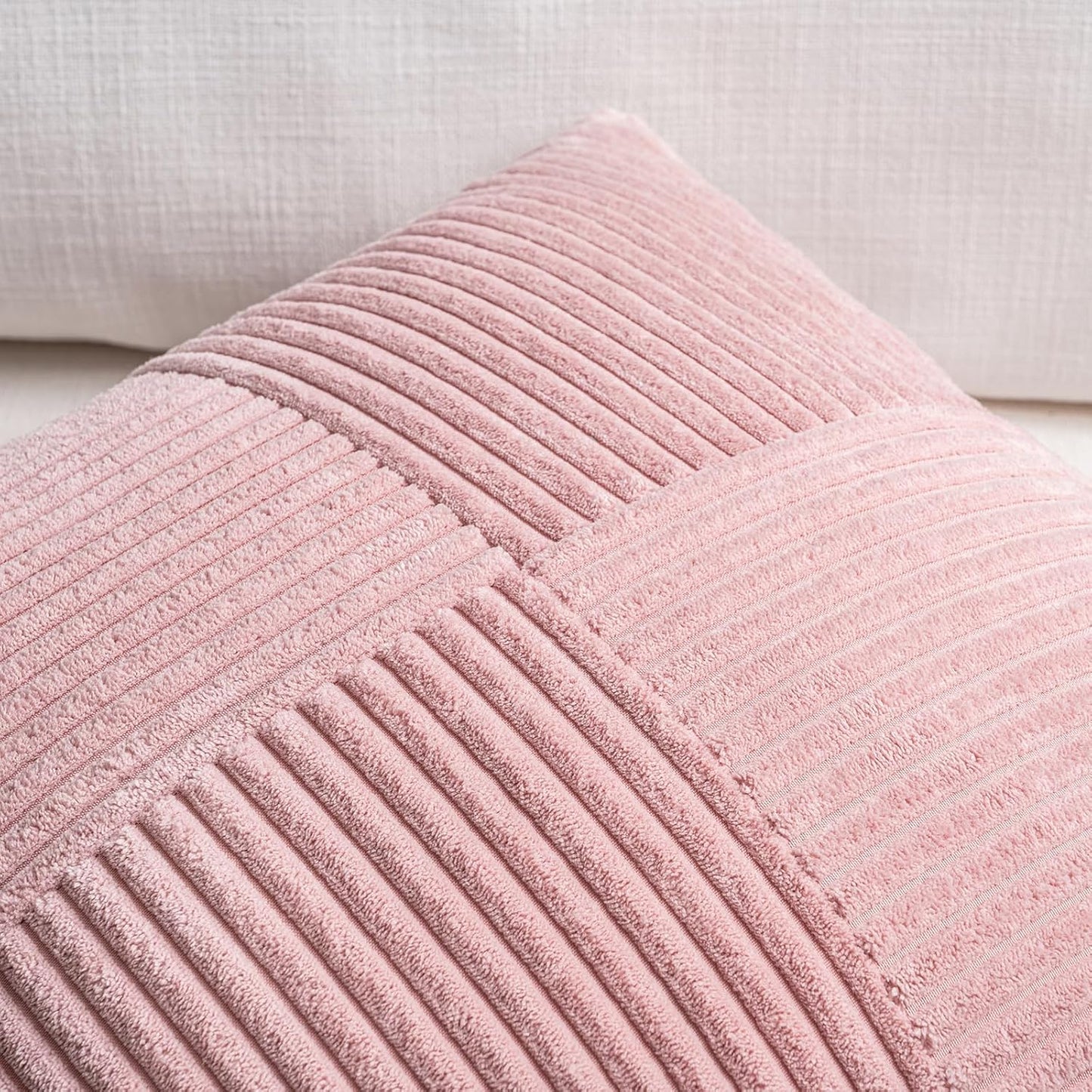 4 Packs Blush Pink Decorative Throw Pillow Covers 18X18 Inch for Living Room Couch Bed, Rustic Farmhouse Boho Home Decor, Soft Cross Corduroy Patchwork Textured Square Cushion Case 45X45 Cm