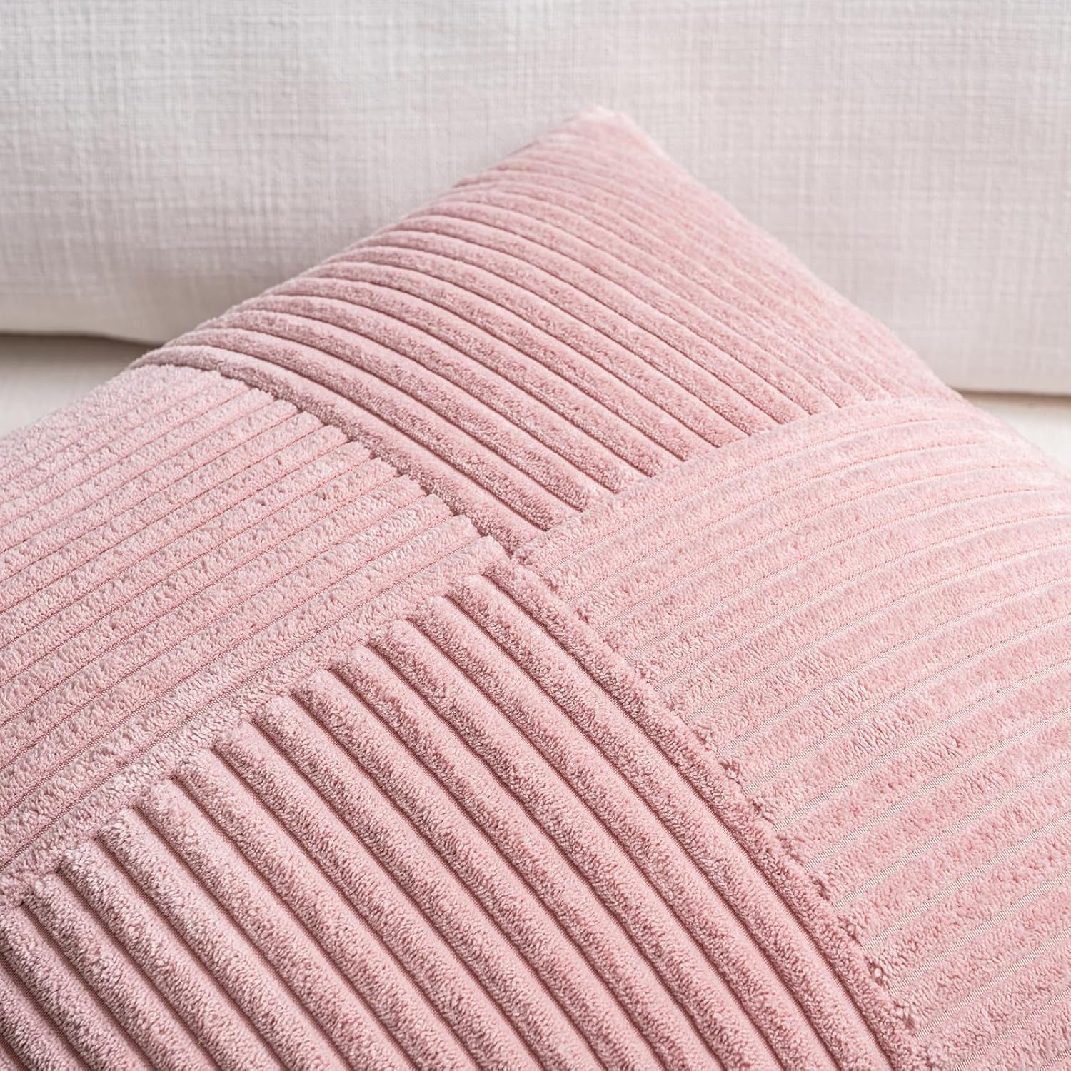 4 Packs Blush Pink Decorative Throw Pillow Covers 18X18 Inch for Living Room Couch Bed, Rustic Farmhouse Boho Home Decor, Soft Cross Corduroy Patchwork Textured Square Cushion Case 45X45 Cm