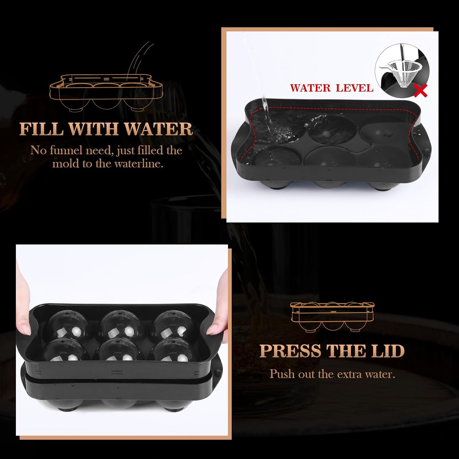 Whiskey Ice Ball Maker with Lid and Bin, 1.9" round Ice Cube Trays for Freezer, Large Sphere Whisky Ices Cubes Tray Circle with Bucket&Tong, Cocktail Bourbon Brandy Scotch(Black-6 Balls*2 Pack)