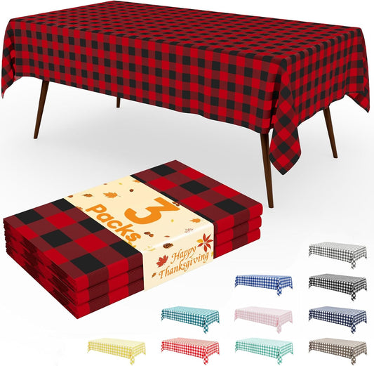 3 Packs Gingham Disposable Table Cloth, 54 X 108 Inch Waterproof Plastic Tablecloth, Rectangle Black and Red Checkered Table Covers for Picnic, Birthday, Party