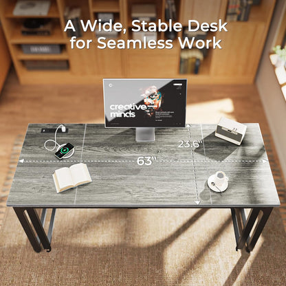 63 x 24 Inch Heavy-Duty Computer Desk with Power Outlets & USB-C, Enhanced Desktop Thickness, Sturdy Metal Frame, Ideal for Home Office and Gaming, Grey Finish