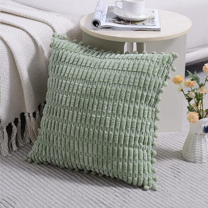 2 Packs Sage Green Decorative Throw Pillow Covers 18X18 Inch with Pom-Poms for Couch Bed Living Room, Farmhouse Boho Home Decor, Soft Corduroy Cute Square Cushion Case 45X45 Cm