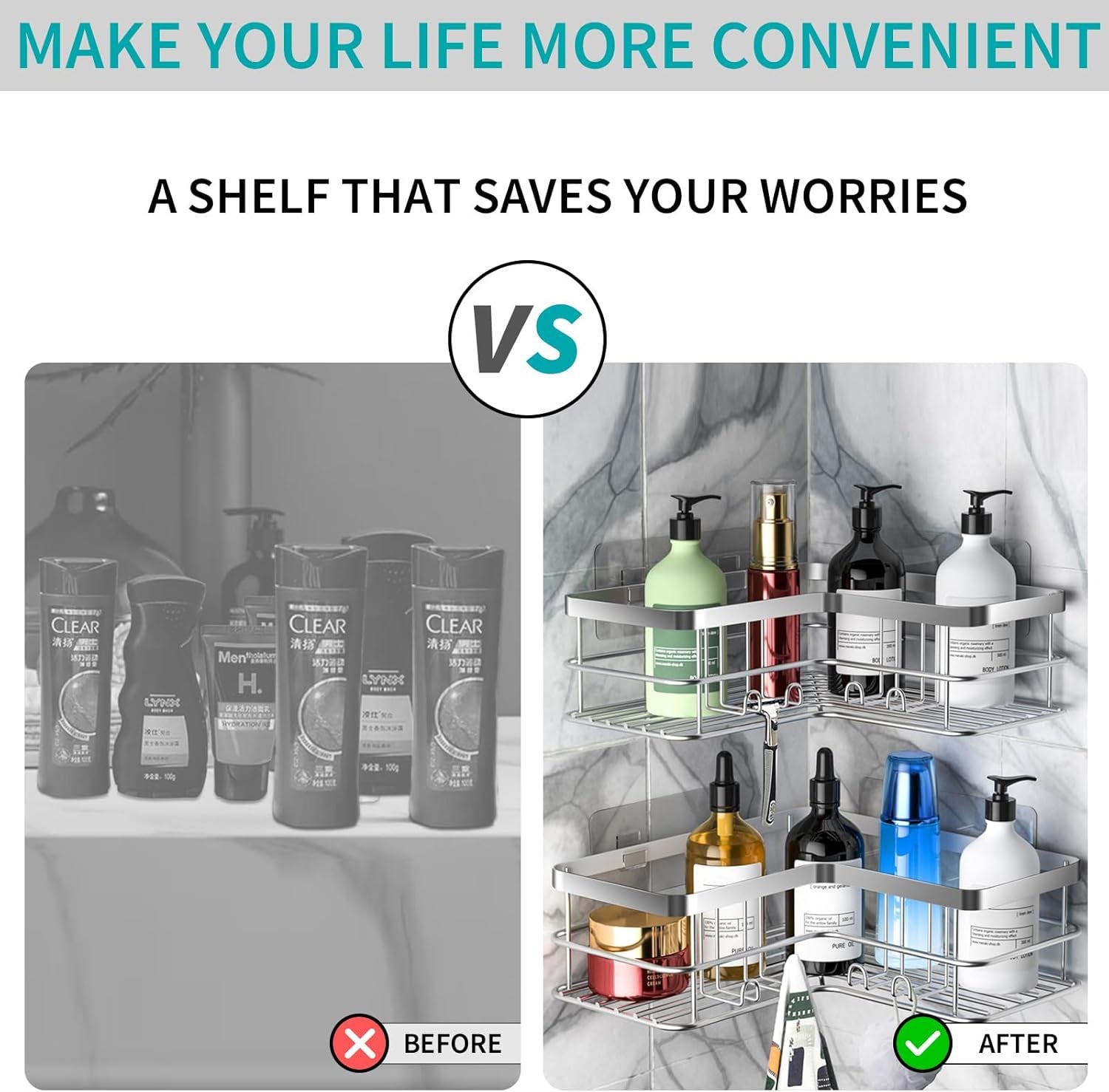 Shower Caddy 2-Pack, No Drilling Shower Organizer Corner Shelf for Bathroom Tub, Stainless Steel Shower Caddy Corner Shelf for Bathroom Kitchen(Silver)