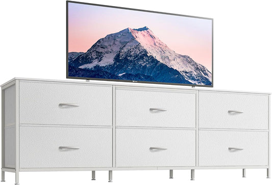 63-Inch Long Dresser and TV Stand for 55 to 70 Inch TVs, 6-Drawer Storage Organizer with Fabric Drawers, PU Leather Finish, Ideal for Bedroom and Entryway, White