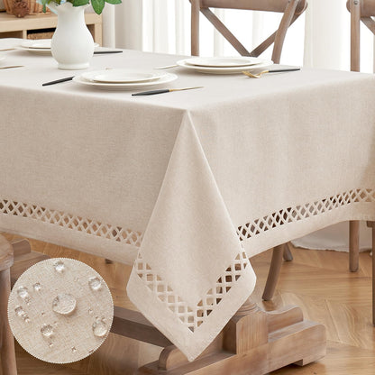Natural Thick Polyester Rectangle Tablecloth with Decorative Cutouts Waterproof Stain Resistant Table Cloth Farmhouse Table Cover for Thanksgiving Dining Party Camping, 52 X 70 Inch