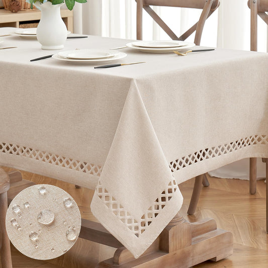 Natural Thick Polyester Rectangle Tablecloth with Decorative Cutouts Waterproof Stain Resistant Table Cloth Farmhouse Table Cover for Thanksgiving Dining Party Camping, 52 X 70 Inch