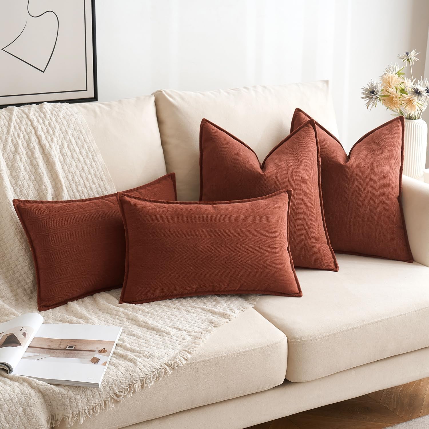 Pack of 2 Rust Decorative Pillow Covers 18X18 Inch Fall Soft Chenille Luxurious Couch Throw Pillows Farmhouse Cushion Covers with Elegant Design for Sofa Bedroom Living Room Home Decor