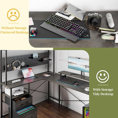 L Shaped Gaming Desk with Pegboard, Reversible Computer Desk with Drawers & Storage Shelves, LED Lights & Power Outlets, Office Desk with Monitor Stand Corner Desk Home Office Desks