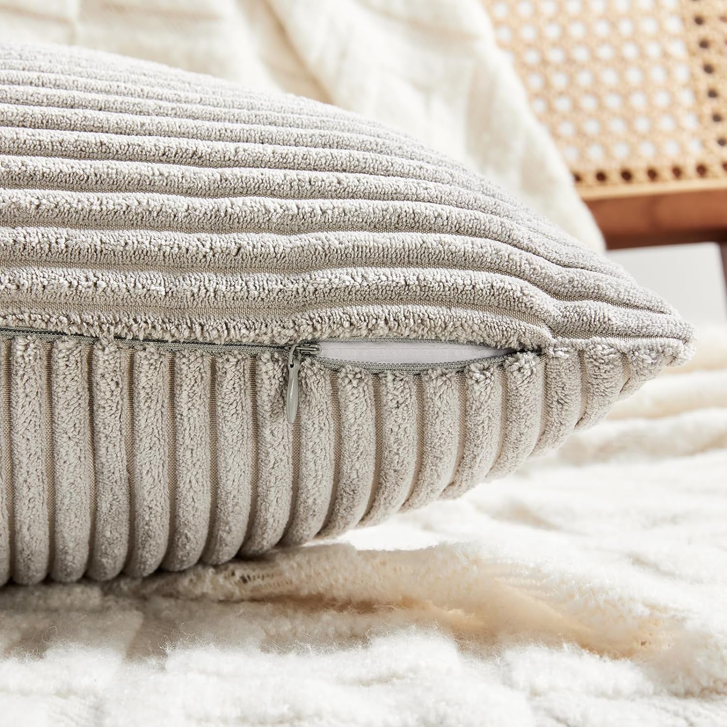 Set of 4 Neutral Grey Decorative Throw Pillow Covers 18X18 Inch for Couch Bed Sofa Bedroom, Modern Organic Boho Farmhouse Home Decor, Soft Fluffy Textured Corduroy Cushion Case 45X45 Cm