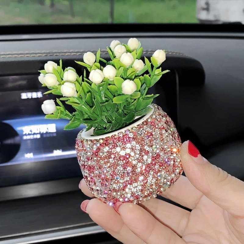 Flower Car Accessories Pink Bling Dashboard Decorations, Car Flower Vase Decals, Cute Car Interior Decor, Bling Desk Flowers for Women Office Girl Gifts