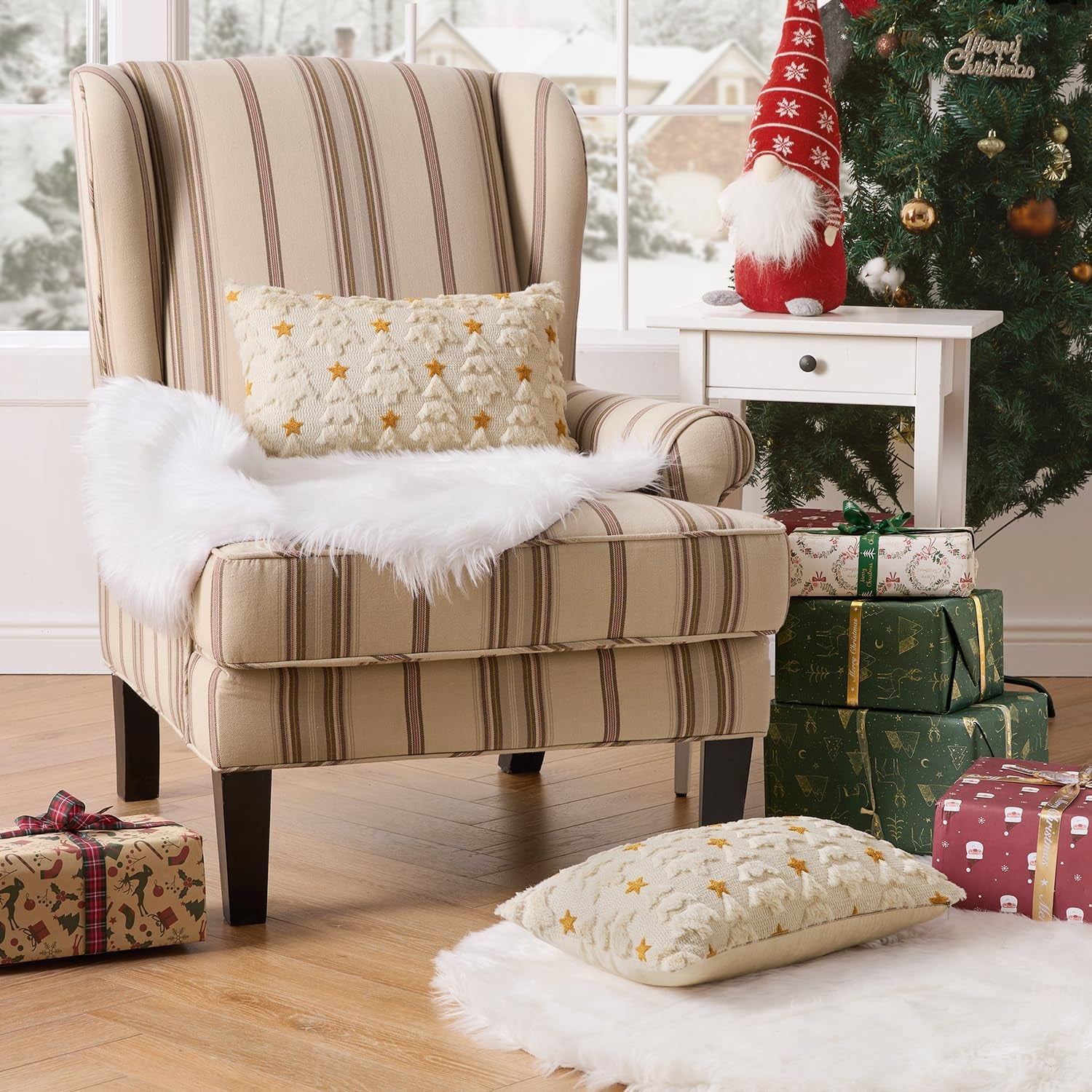 Christmas Pillow Covers 12X20 Inch Set of 2, Beige Christmas Tree Plush Faux Fur Pillowcases Soft Decorative Throw Pillow Cases for Couch Sofa Living Room Winter Xmas Holiday Home Decor