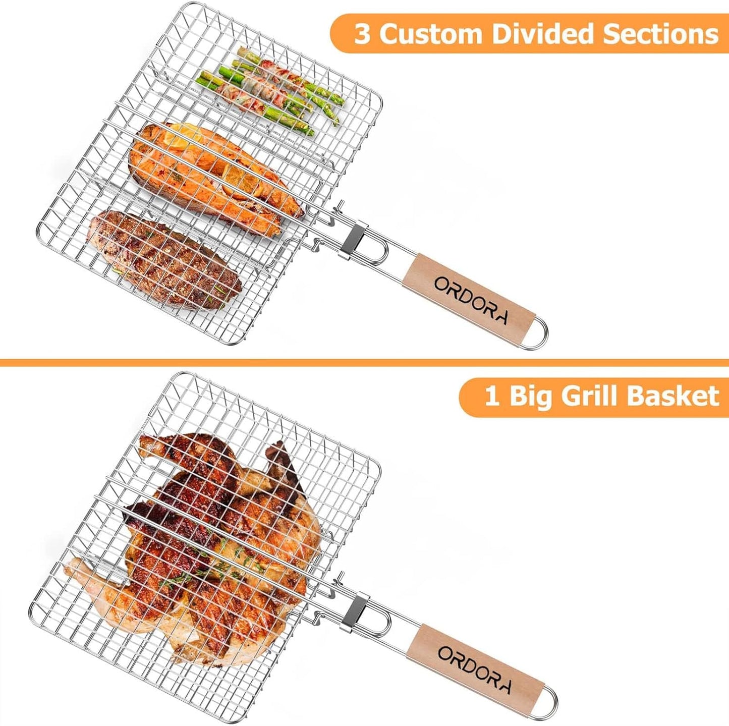 Grill Basket, Fish Grill Basket, Rustproof Stainless Steel BBQ Grilling Basket for Meat,Steak Etc, Grill Accessories,Grilling Gifts for Men Dad