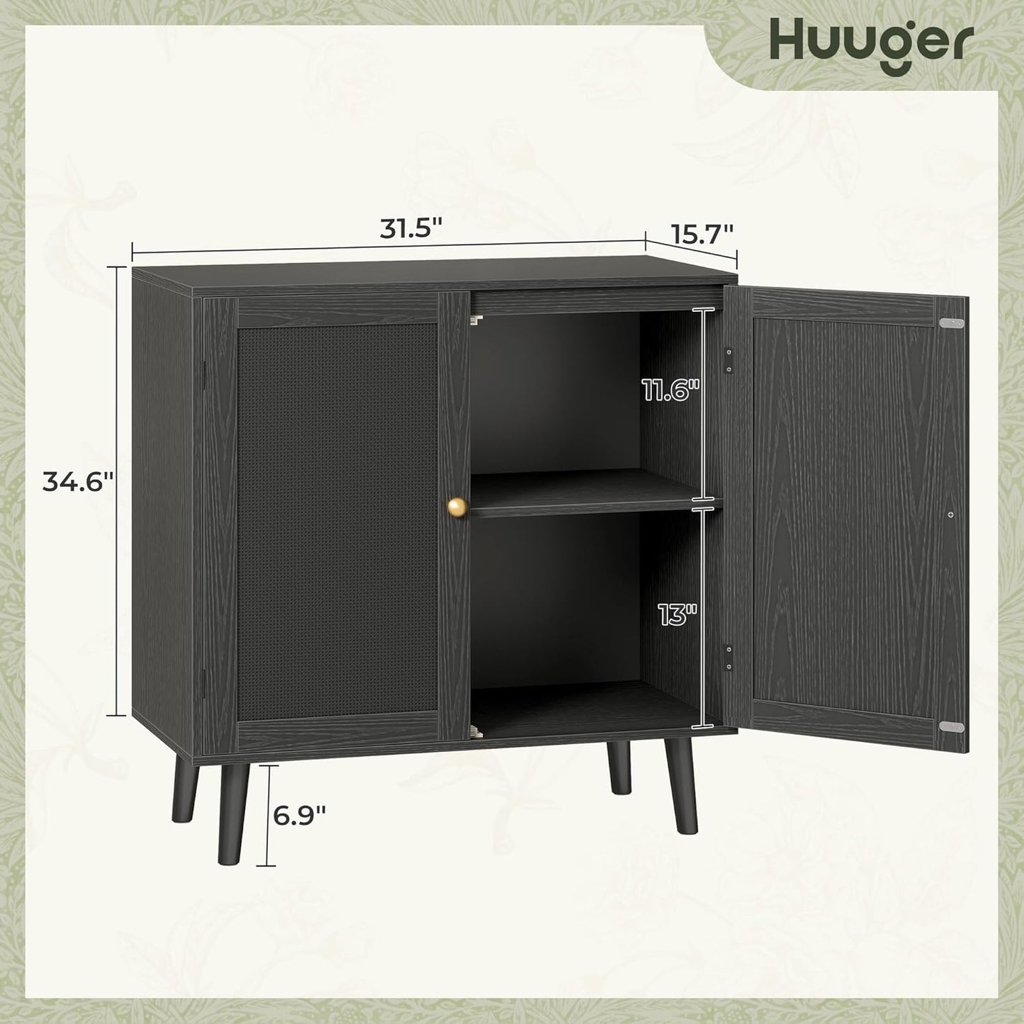 Elegant Buffet Cabinet with Storage, Featuring PE Rattan Decor Doors and Solid Wood Feet, Ideal for Hallway, Entryway, and Living Room, All Black Finish