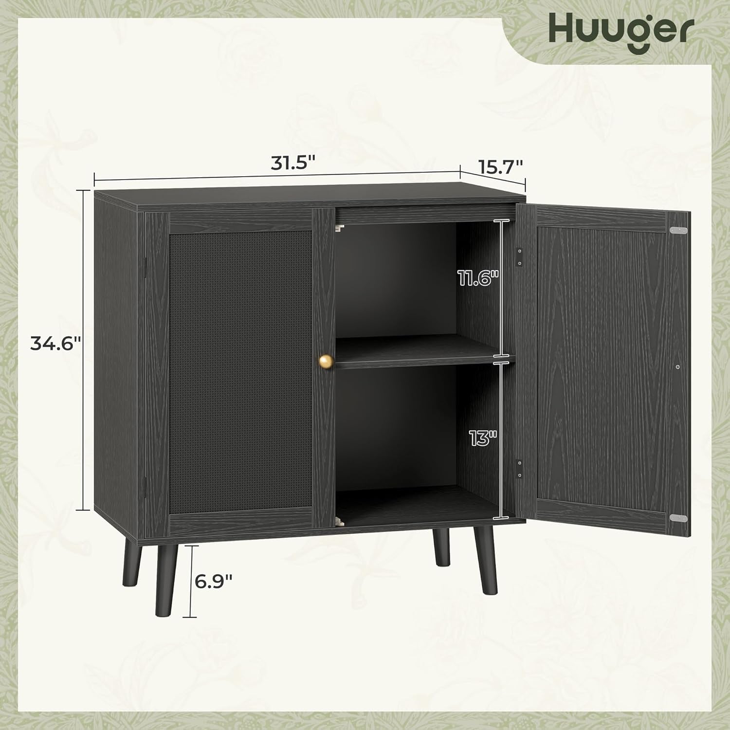 Elegant Buffet Cabinet with Storage, Featuring PE Rattan Decor Doors and Solid Wood Feet, Ideal for Hallway, Entryway, and Living Room, All Black Finish