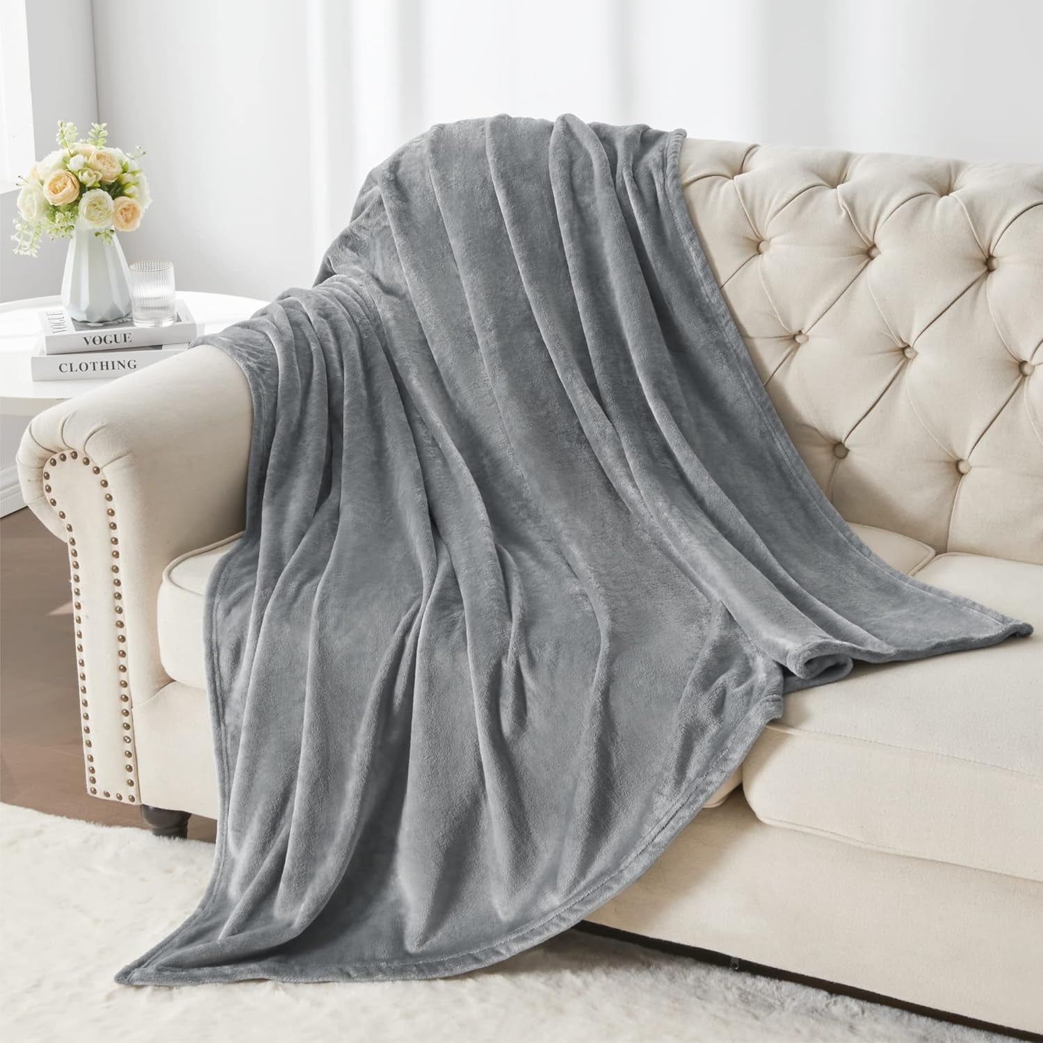 2 Pieces Fleece Blankets (Black & Grey, 50"X60"), Luxury Plush Cozy Fuzzy Blankets