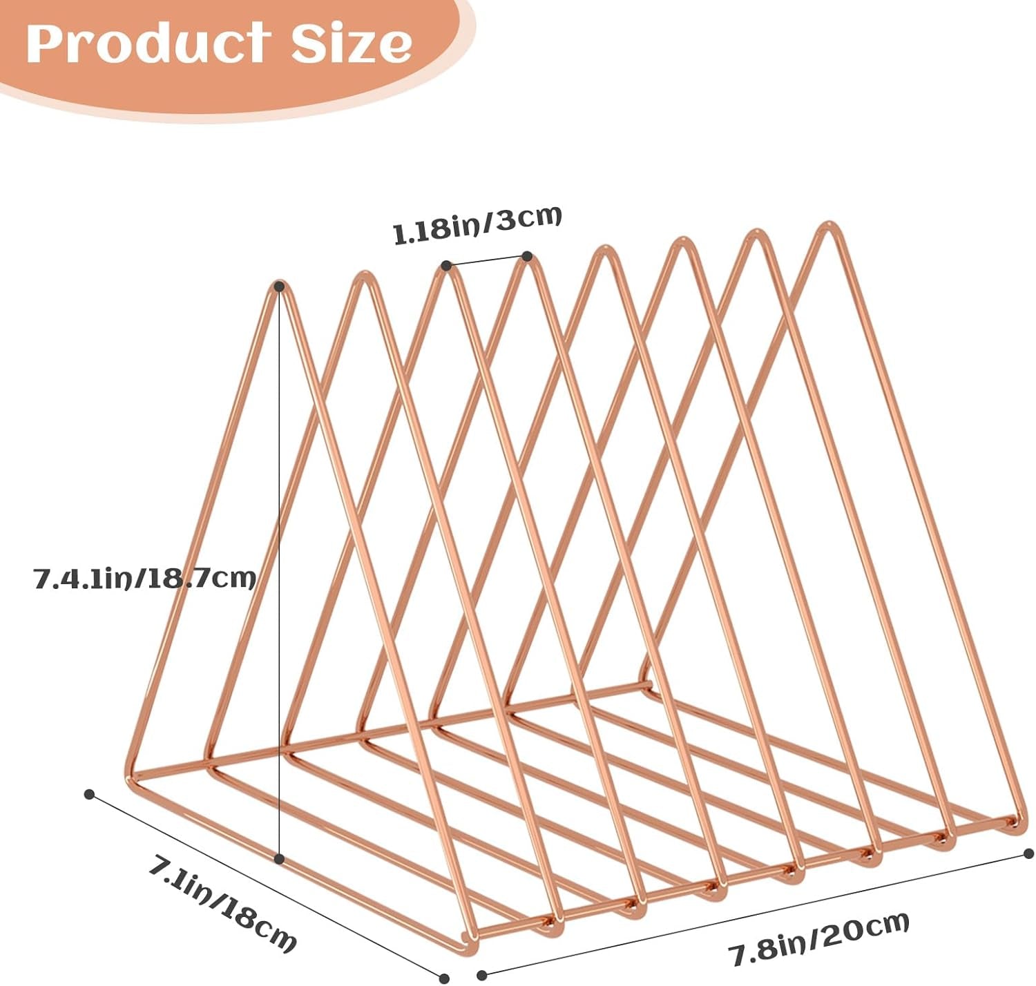 Triangle Desk Organizers Metal Wire Magazine Holder 7 Sections Decorative Vinyl Record Storage Office File Organizer for Desk - Rose Gold Magazine File Holder - 2 Pack