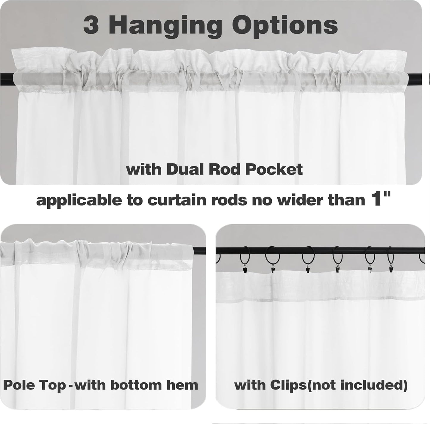 Sheer White Tier Curtains 24 Inch Length Set, Small Window Curtains Treatment for Bathroom/Living Room/Cafe/Basement, Short Voile Curtain Tiers 42In X 24In, Rod Pocket, 2 PCS