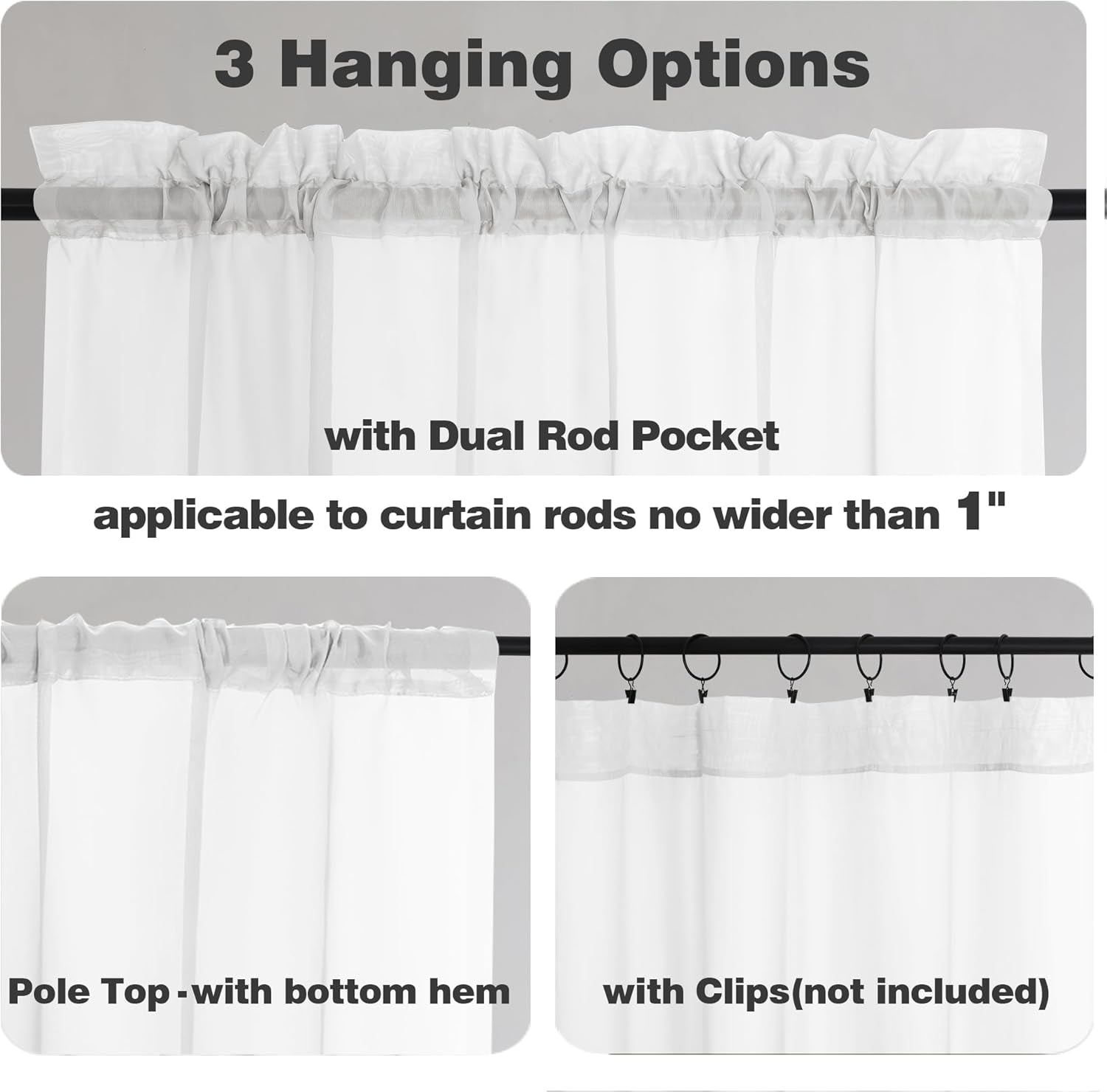 Sheer White Tier Curtains 24 Inch Length Set, Small Window Curtains Treatment for Bathroom/Living Room/Cafe/Basement, Short Voile Curtain Tiers 42In X 24In, Rod Pocket, 2 PCS