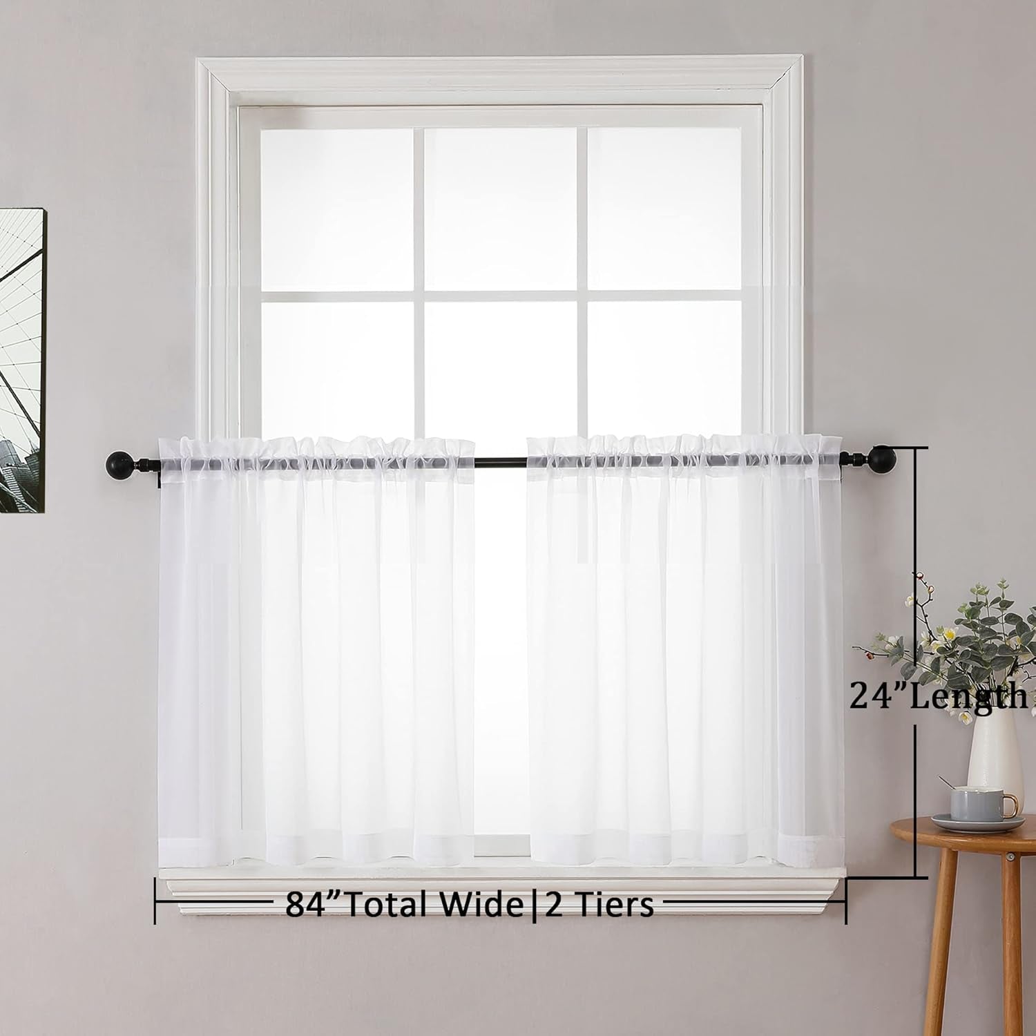 Sheer White Tier Curtains 24 Inch Length Set, Small Window Curtains Treatment for Bathroom/Living Room/Cafe/Basement, Short Voile Curtain Tiers 42In X 24In, Rod Pocket, 2 PCS