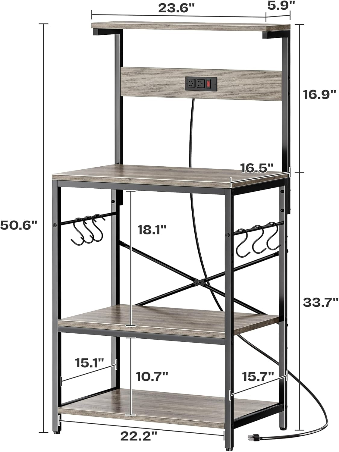 Professional Kitchen Bakers Rack with Power Outlet, Multi-Tier Coffee Bar Table, Microwave Stand, and Storage Shelf with S-Hooks - Greige