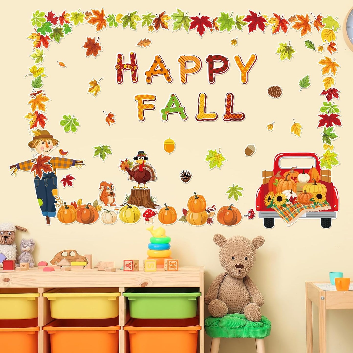 89Pcs Happy Fall Bulletin Board Decorations Set Fall Tree Pumpkin Maple Leaves Turkey Cutouts with Glue Points for Halloween Thanksgiving Autumn Home School Classroom Wall Chalkboard Decor