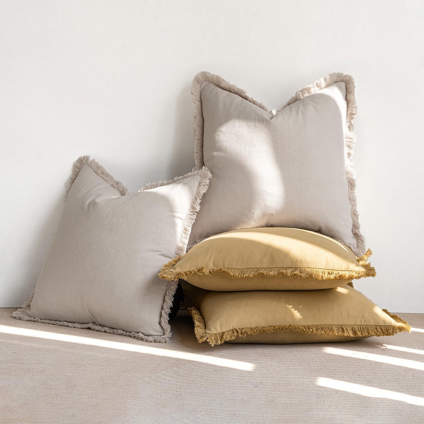 Throw Pillow Covers Boho Farmhouse 20X20 Set of 2 Decorative Khaki Couch with Fringe Chic Cotton Pillowcases Home Decor Accents for Cushion Soft Bed Living Room