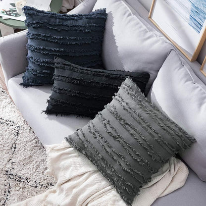 Set of 2 Decorative Boho Throw Pillow Covers Linen Striped Jacquard Pattern Cushion Covers for Sofa Couch Living Room Bedroom 18X18 Inch Dark Grey