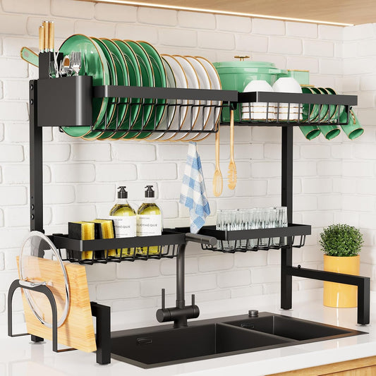 over the Sink Dish Drying Rack - 30.0" to 33.9" X 21.5", Adjustable Sink Drying Rack for Kitchen Sink with Multifunctional Baskets, Black