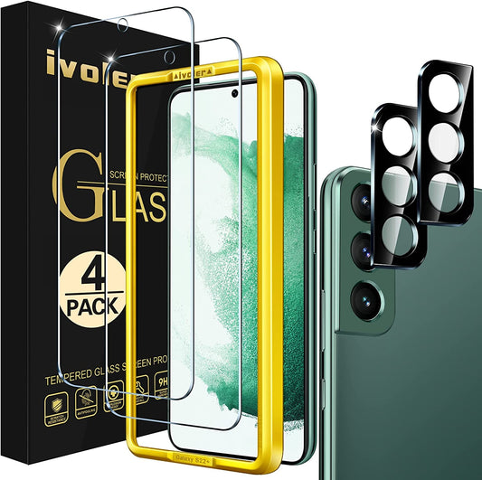 Pack of 2 Tempered Glass Compatible with Samsung Galaxy S22 5G (Not for S22 Plus), with [2 Pieces] Rear Camera Protectors and Free Installation Kit, Screen Protector Film