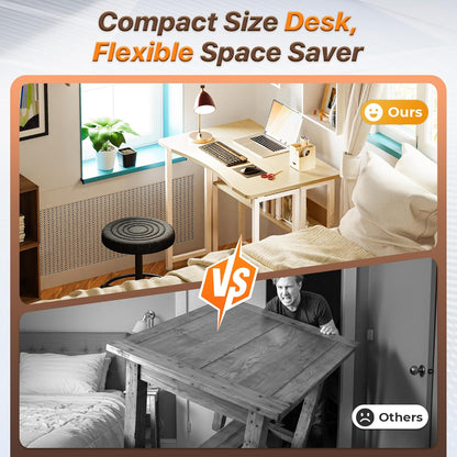 Folding Desk with Storage Shelf - 31.5 Inch Compact Computer Table for Small Spaces, Space-Saving Sofa Table, Writing and Office Use, Easy to Fold, Oak Finish