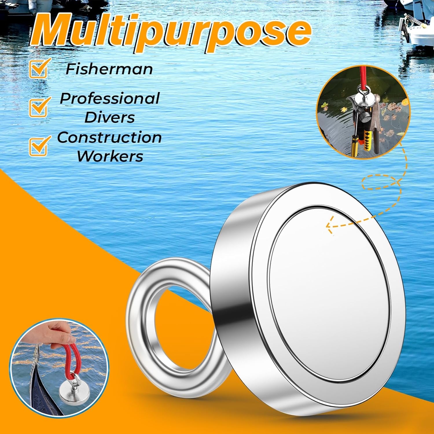 Neodymium Fishing Magnets with 300 lbs Pulling Force, Durable Rare Earth Magnets Featuring Countersunk Eyebolt for Retrieval in Water and Outdoor Environments - 1.97 Inch