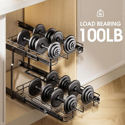 Pull Out Cabinet Organizer, Heavy Duty Cabinet Shelf Organizers, 2 Tier Cabinet Slide Out Shelves for Kitchen, Pantry, Bathroom, 14" W X 21" D