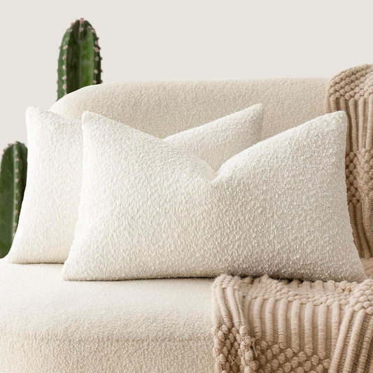 Pack of 2 Textured Boucle Throw Pillow Covers Accent Solid Pillow Cases Cozy Soft Decorative Couch Cushion Case for Chair Sofa Bedroom Living Room Home Decor, 20 X 12 Inch,White