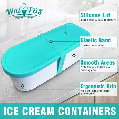 Ice Cream Containers - 1.6 Quart Each, Reusable Homemade Ice Cream Tubs with Silicone Lids, Stackable Freezer Storage Container for Yogurt, Sorbet, Gelato, Bonus 2 Bands, 12 Stickers, Set of 2
