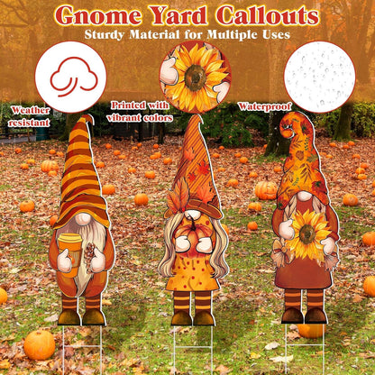 Set of 3 Autumn Gnome Yard Signs with Stakes - 32 x 10 Inches Outdoor Fall Garden Decor for Home Pathways and Walkways (Pumpkin Design)