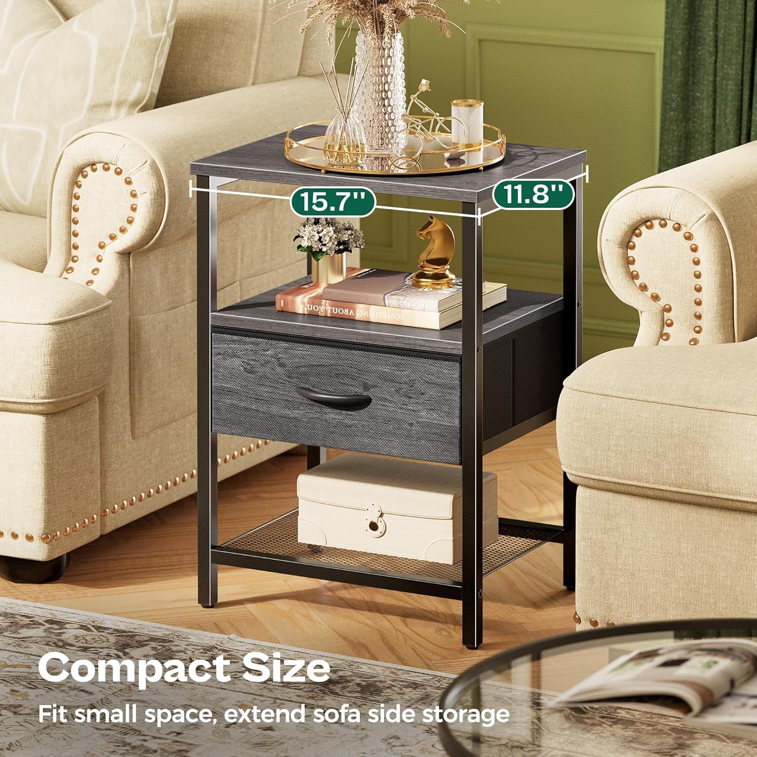 Set of 2 Nightstands with Fabric Drawers and Mesh Shelves, Grey Metal Frame Side Tables for Bedroom Storage