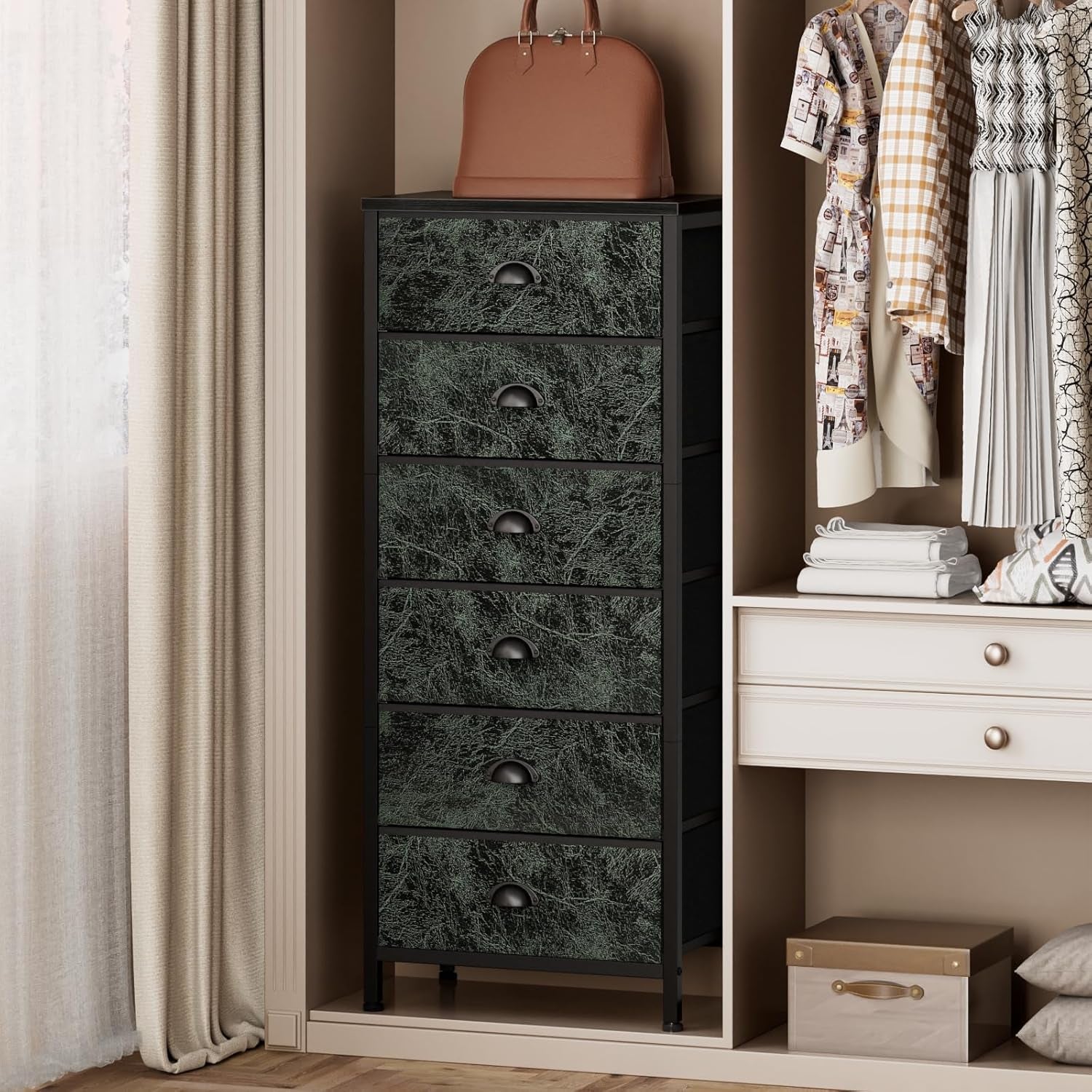 Vertical Dresser with 6 Drawers - Vintage Green Storage Tower Unit for Bedroom, Living Room, and Entryway