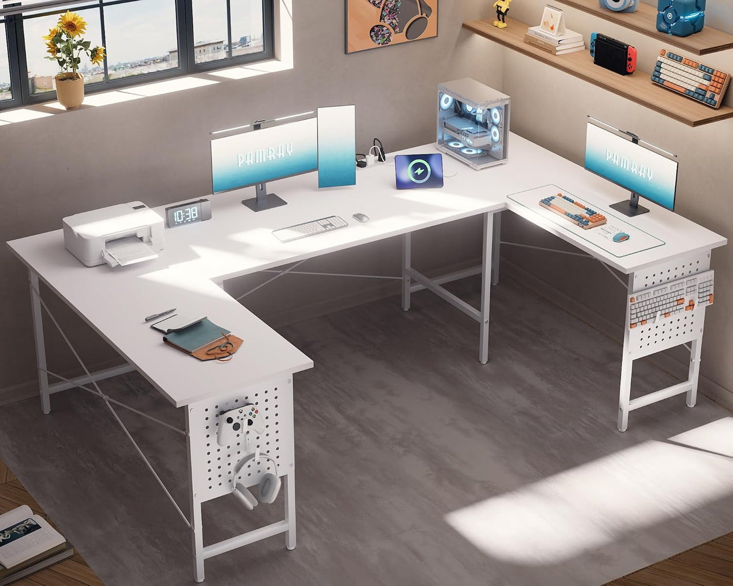 71 Inch Large Computer Desk with Power Outlets,U Shaped Corner Desk for Home Office Work and Gaming White